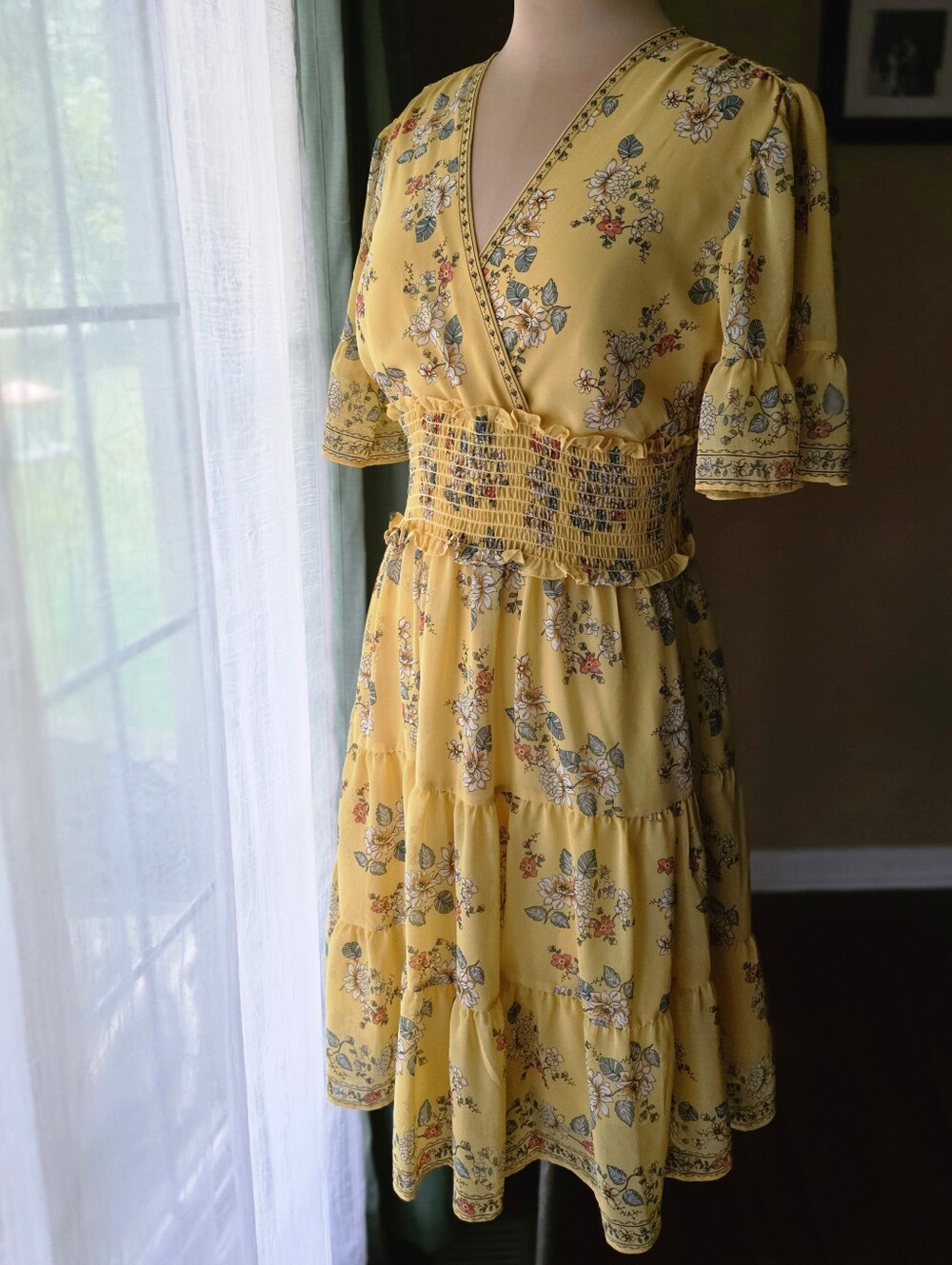 Max Studio Golden Yellow Floral Smocked Tiered Mini Dress Cottagecore Small